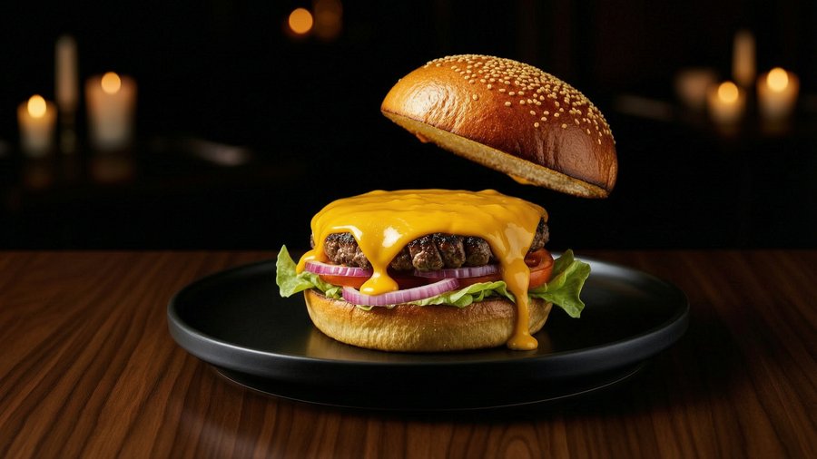 Burger top bun lifting, cheese dripping