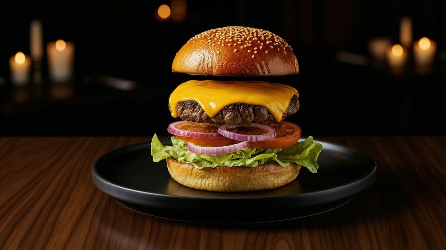 Burger patty lifted revealing layers